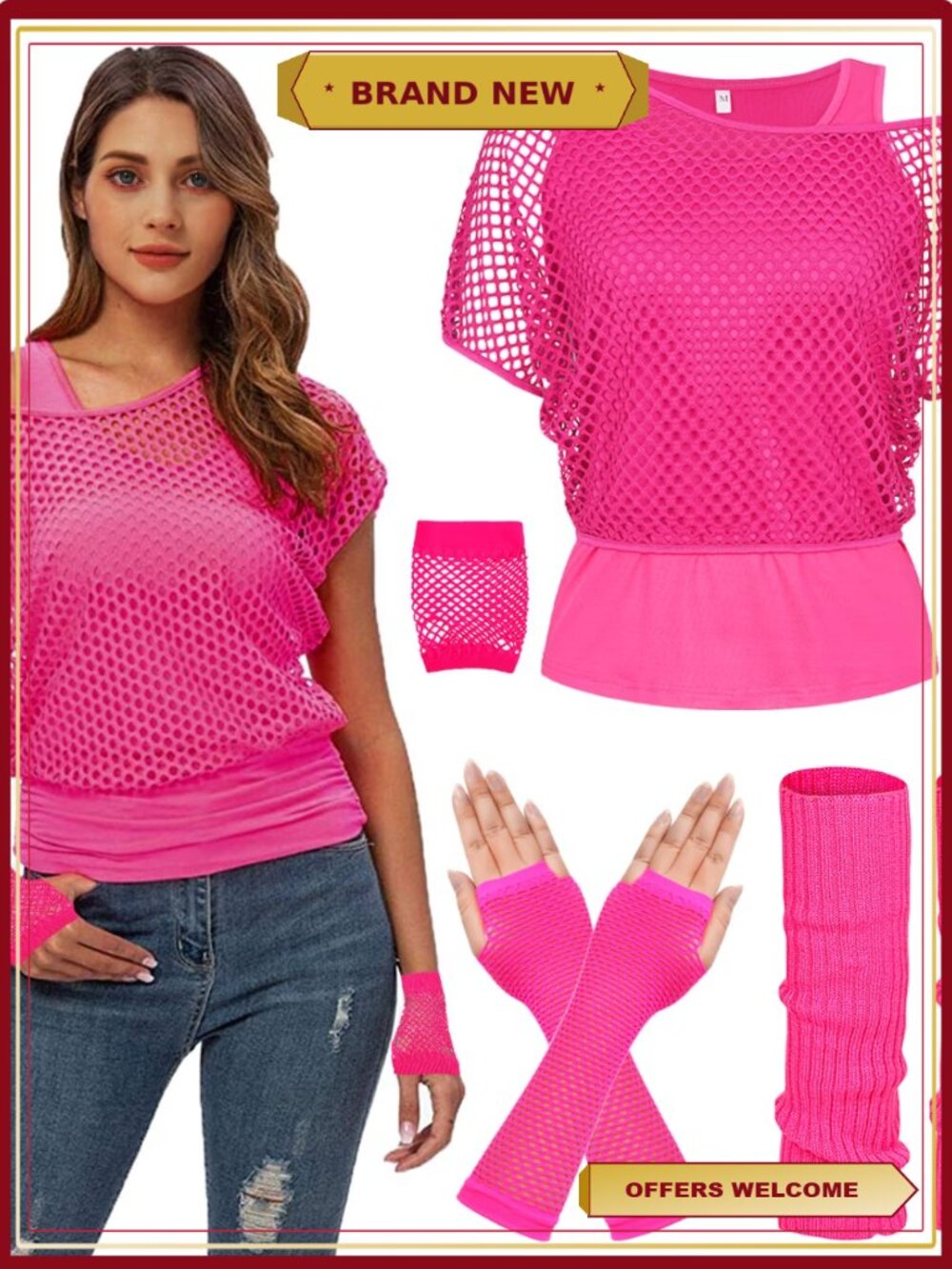 80s Costume Set Fishnet Off Shoulder T-Shirt Gloves Leg Warmers Retro Party